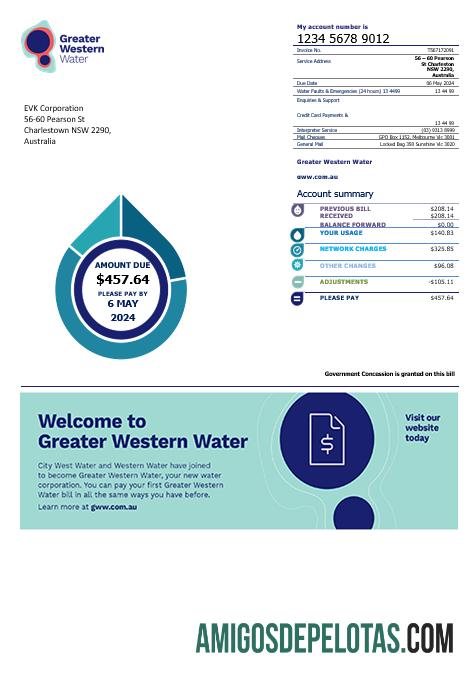 Em branco modelo de conta de serviços públicos da Austrália Greater Western Water
